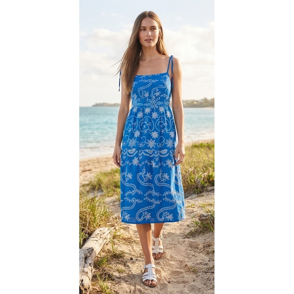 Julia Jordan Eyelet Tiered Midi Dress Tie Straps